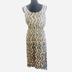 Calvin Klein Cream Geometric Print Scoop Neck Hi-lo Silk Feel Dress Size Medium